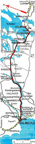 Karta Halmstad-Bolmen järnväg